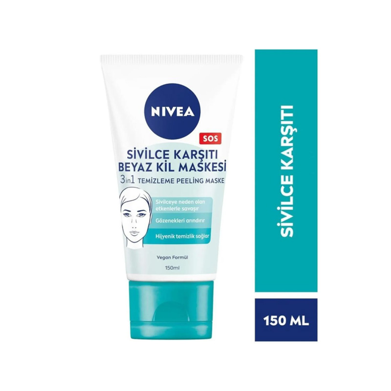 NIVEA 3in1 Sivilce Karşıtı Beyaz Kil Maskesi 150ml, Temizleyici, Peeling, Maske, Gözenek Arındırıcı